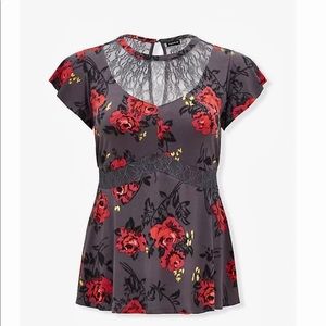 Slate grey top with floral print and lace detail.